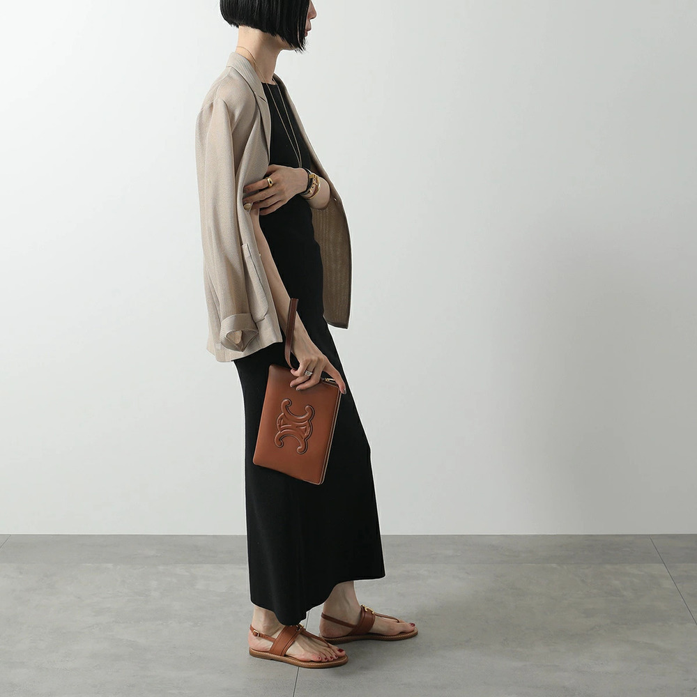 Celine Pouch Clutch Strap Leather Triomphe Clutch Bag Wristlet Tan
